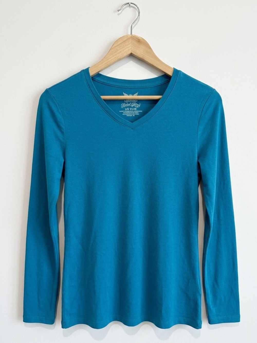 Faded Glory Girl’s Teal Blue Cotton Blend V-Neck Long Sleeve Lightweight T-Shirt